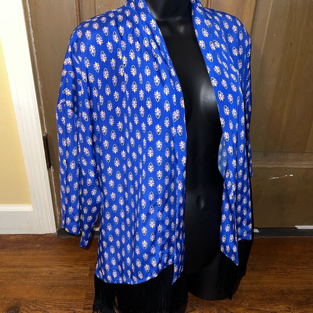 Olsenboye Blue Boho Open Front Black Fringe Y2K Hippie Draped Cardigan Size XS - Picture 4 of 10